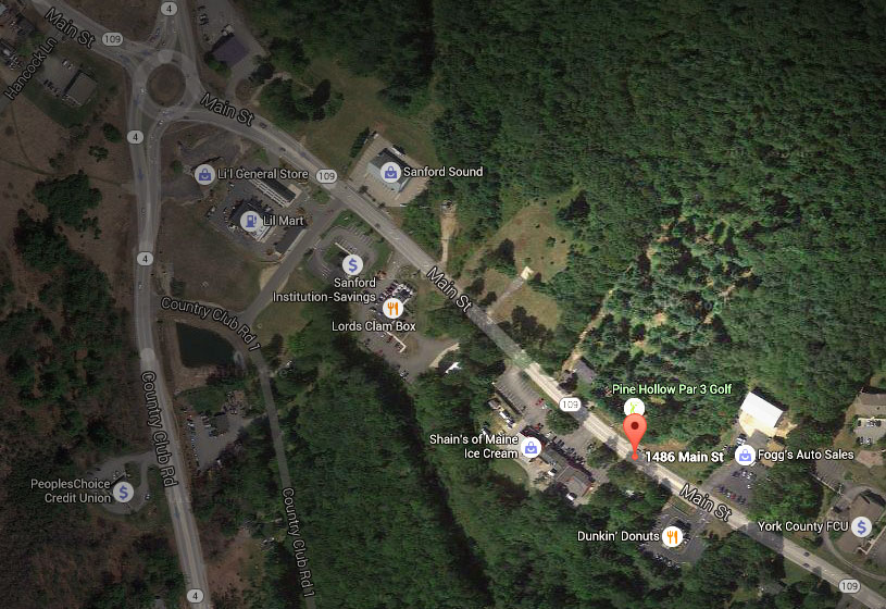 Google map - overhead view of Pine Hollow Little Par 3 at 1486 Main Street in Sanford, ME.
