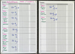 Scoreboard showing team names and starting hole assignments