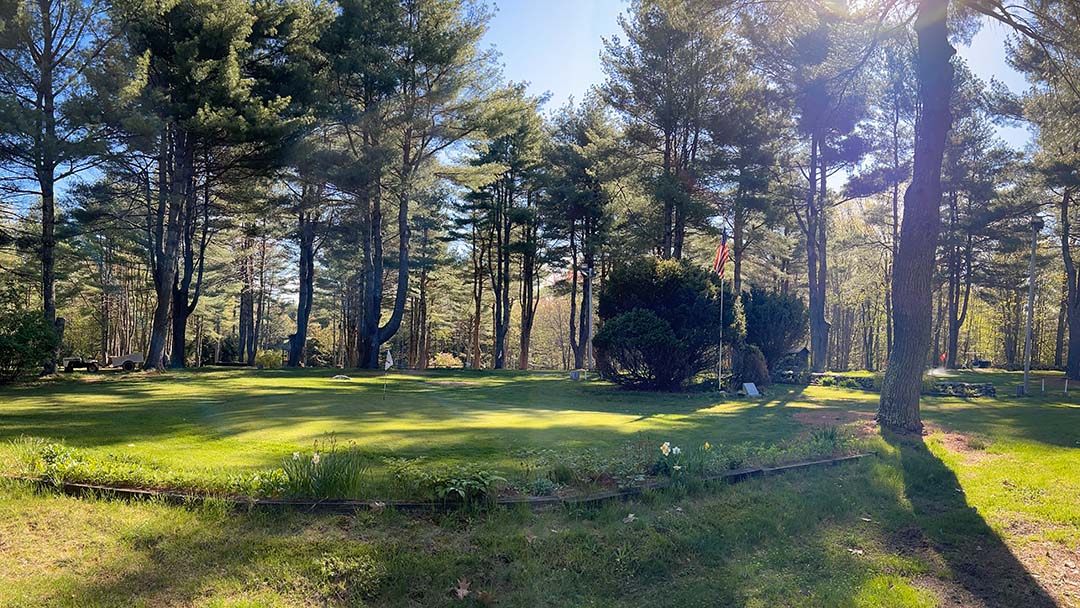 panorama of section of golf course with sun coming through trees