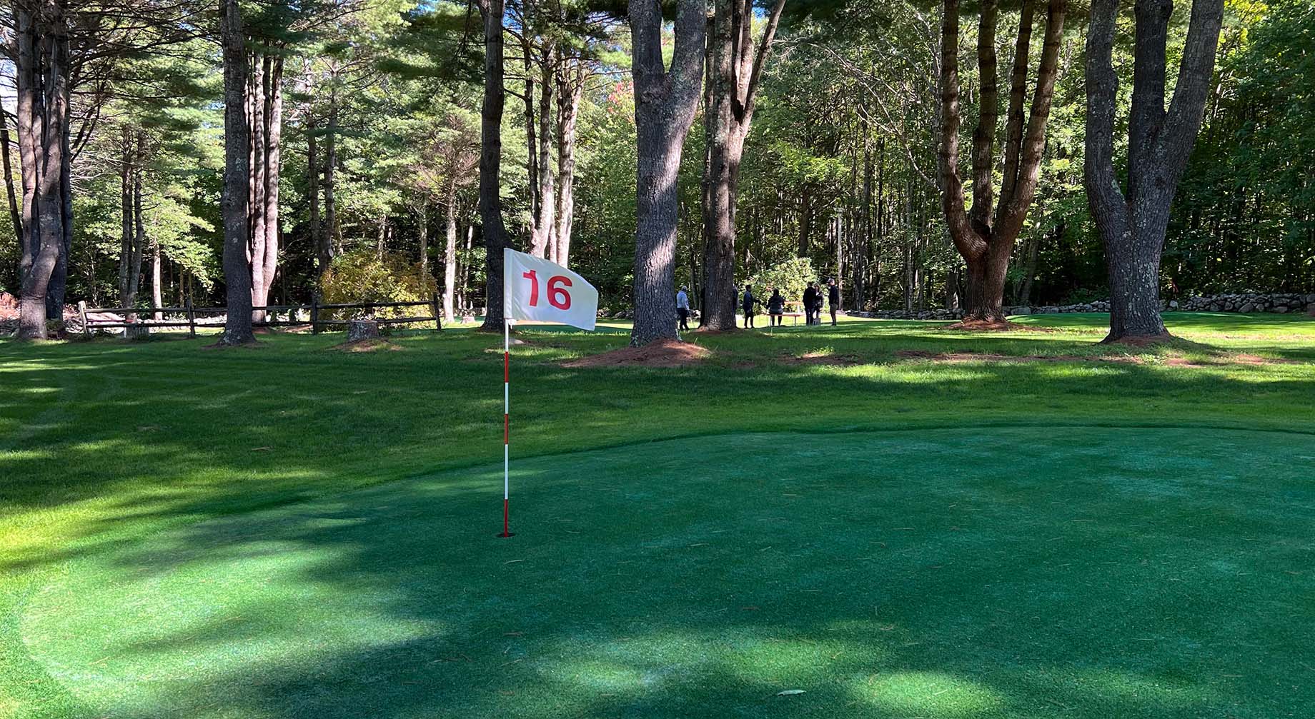 putting green at hole 16 with golfers in the distance